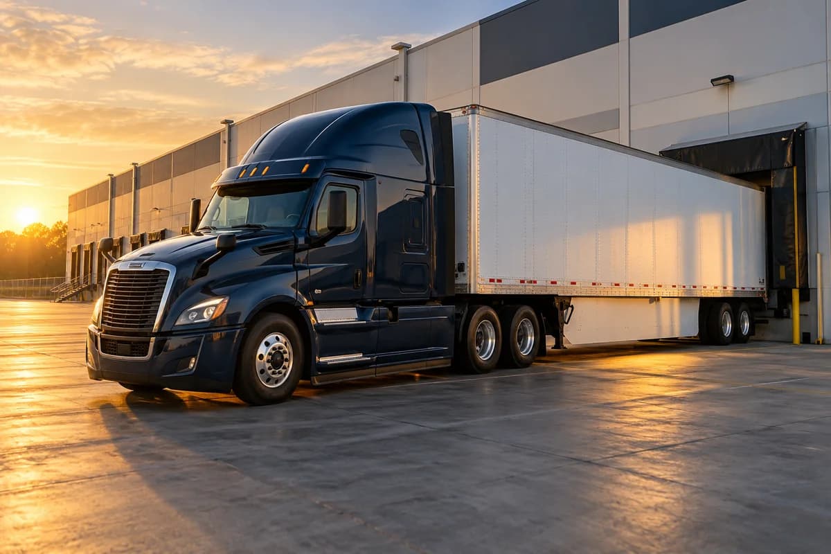 Illustrative scene of a semi truck and dry van trailer at a warehouse loading dock