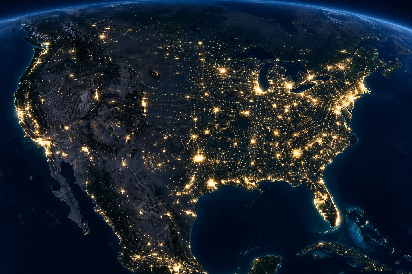 Satellite-style illustration of the United States at night, illuminated by city lights